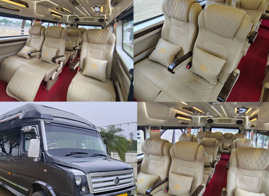12 seater luxury tempo traveller with recliners seats heater fridge on rent in delhi